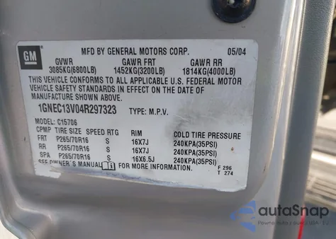 2004 Chevrolet Tahoe Ls from USA, damaged, VIN 1GNEC13V04R297323